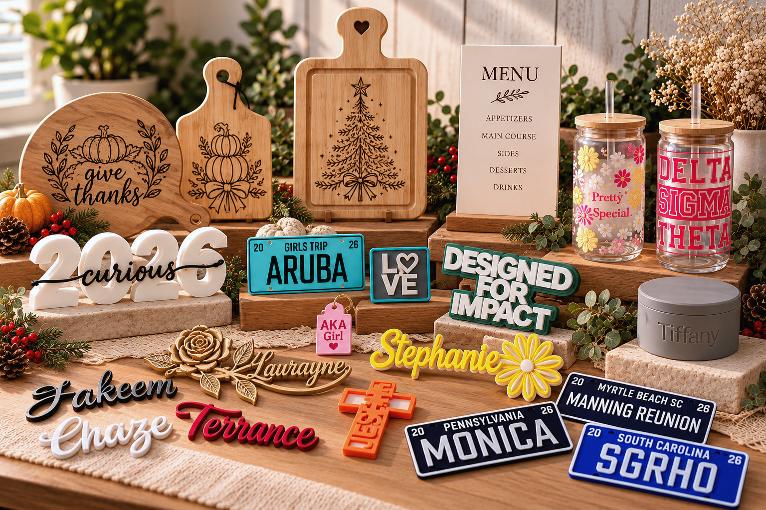 19 Projects holiday craft market display with engraved cutting boards, personalized signs and mini plates, rose and name designs, decorated tumblers, a menu, and seasonal greenery.