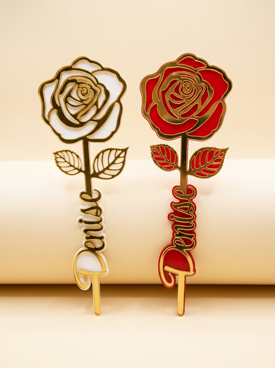 Two gold-trimmed acrylic roses with names scripted down the stems