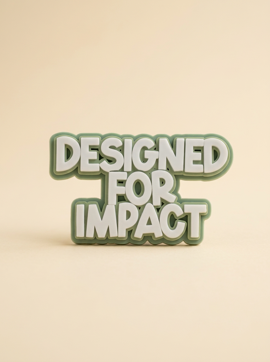 Layered 3D sign reading 'Designed for Impact' in white on sage green
