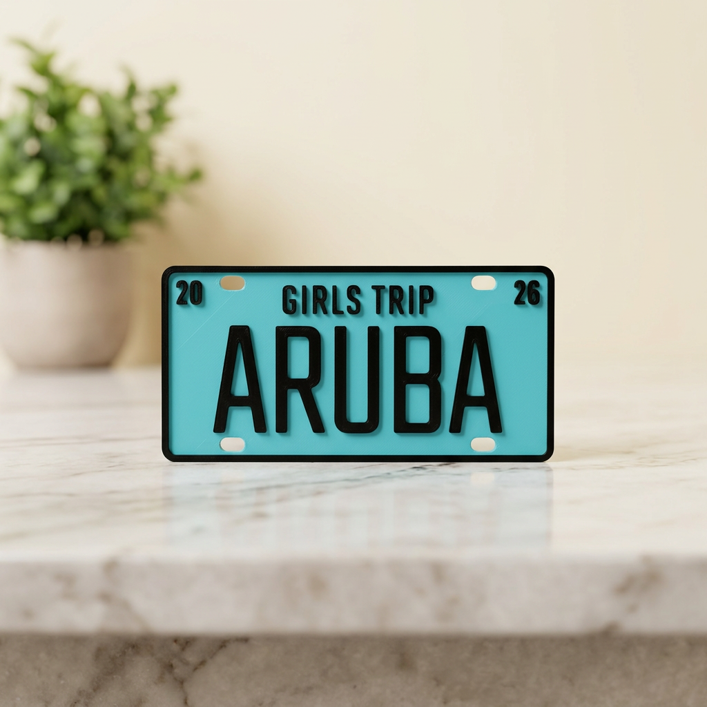 Turquoise Girls Trip Aruba 2026 mini license plate with black lettering