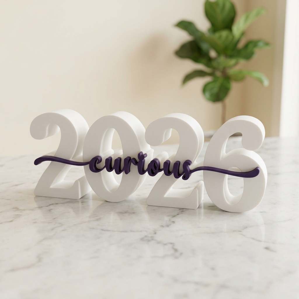 White 3D-printed 2026 sign with the word 'curious' in purple script